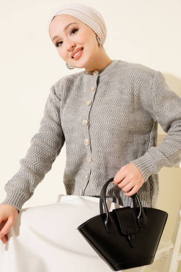 Zikzak Desenli Gold Düğmeli Triko Hırka Gri - Hırka