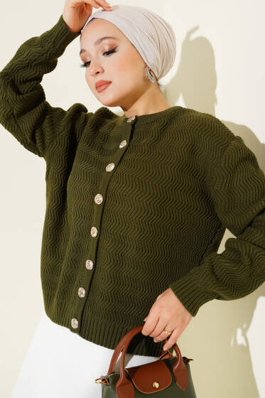 Zikzak Desenli Gold Düğmeli Triko Hırka Haki - Hırka