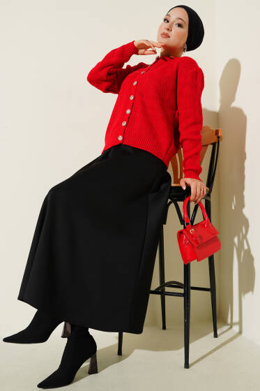 Zikzak Desenli Gold Düğmeli Triko Hırka Kırmızı - Hırka