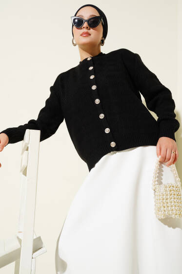 Zikzak Desenli Gold Düğmeli Triko Hırka Siyah - Hırka