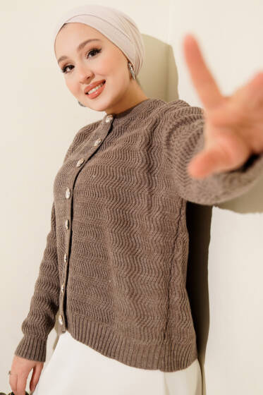 Zikzak Desenli Gold Düğmeli Triko Hırka Vizon - Hırka