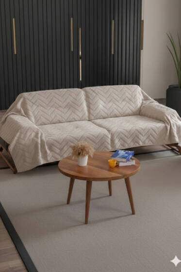 Zikzak Desenli Koltuk Örtüsü Bej - Çekyat Örtüsü