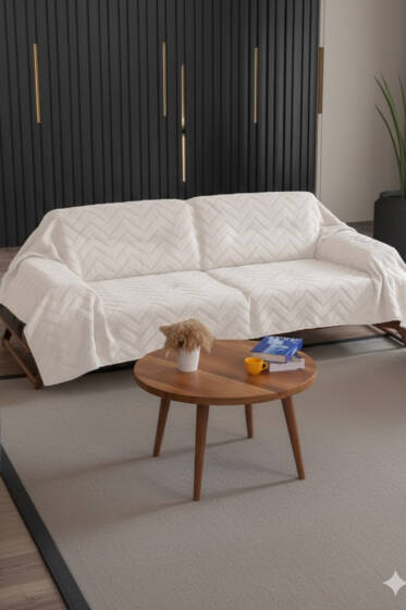 Zikzak Desenli Koltuk Örtüsü Ekru - Çekyat Örtüsü