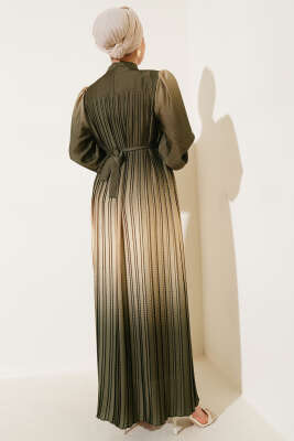 Zikzak Desenli Piliseli Abiye Elbise Haki - Tesettür Elbise