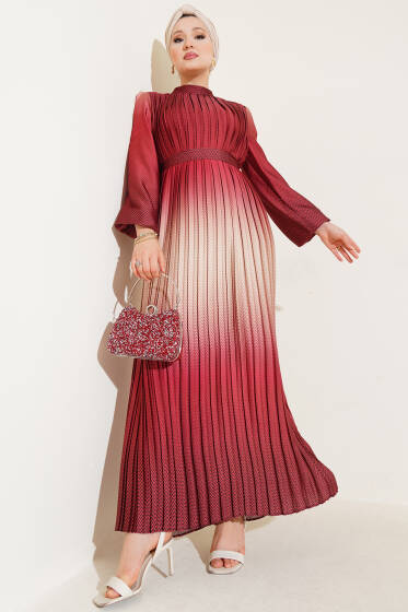 Zikzak Desenli Piliseli Abiye Elbise Kiremit - Elbise