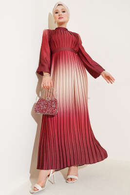 Zikzak Desenli Piliseli Abiye Elbise Kiremit - Tesettür Elbise