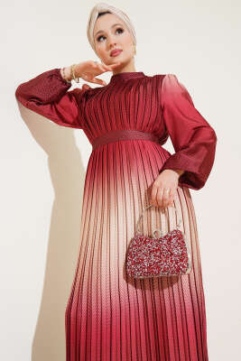 Zikzak Desenli Piliseli Abiye Elbise Kiremit - Tesettür Elbise