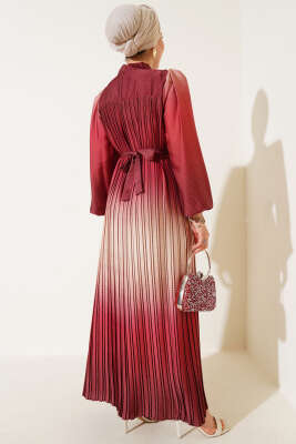 Zikzak Desenli Piliseli Abiye Elbise Kiremit - Tesettür Elbise