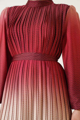 Zikzak Desenli Piliseli Abiye Elbise Kiremit - Tesettür Elbise