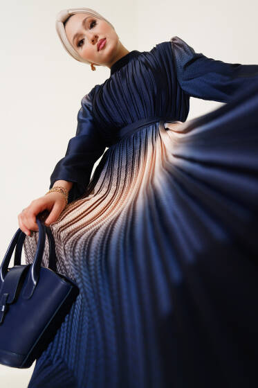 Zikzak Desenli Piliseli Abiye Elbise Lacivert - Elbise