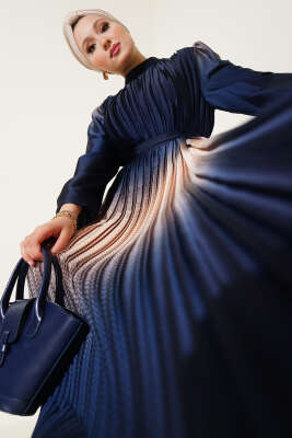 Zikzak Desenli Piliseli Abiye Elbise Lacivert 