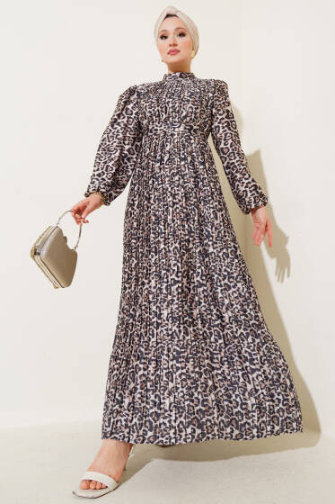 Zikzak Desenli Piliseli Abiye Elbise Leopar - Elbise