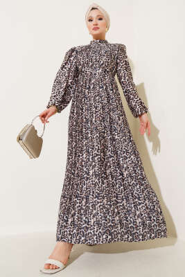Zikzak Desenli Piliseli Abiye Elbise Leopar 