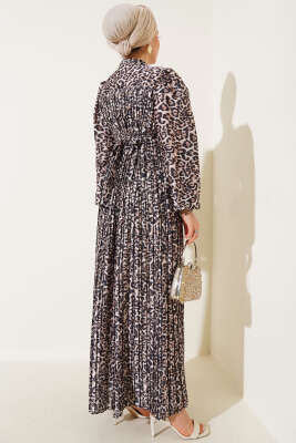 Zikzak Desenli Piliseli Abiye Elbise Leopar - Tesettür Elbise