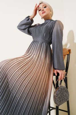 Zikzak Desenli Piliseli Abiye Elbise Siyah - Tesettür Elbise