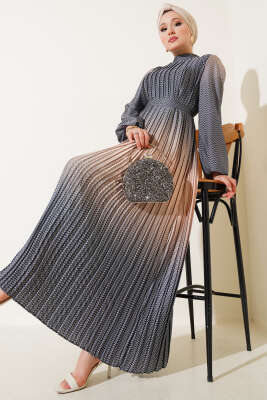 Zikzak Desenli Piliseli Abiye Elbise Siyah 