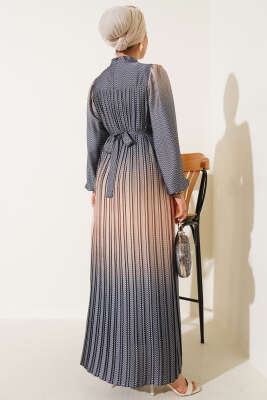 Zikzak Desenli Piliseli Abiye Elbise Siyah - Tesettür Elbise