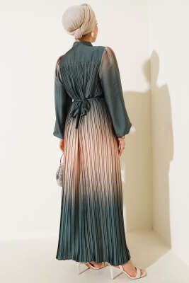 Zikzak Desenli Piliseli Abiye Elbise Yeşil - Tesettür Elbise