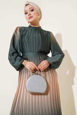 Zikzak Desenli Piliseli Abiye Elbise Yeşil - Tesettür Elbise