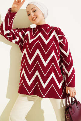 Zikzak Desenli Triko Tunik Bordo - RAFİMİX