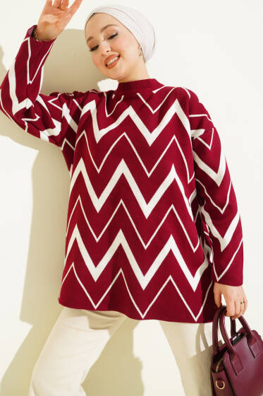 Zikzak Desenli Triko Tunik Bordo - Tunik