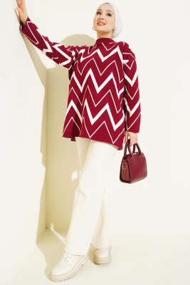 Zikzak Desenli Triko Tunik Bordo - Tunik