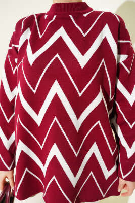 Zikzak Desenli Triko Tunik Bordo - Tunik
