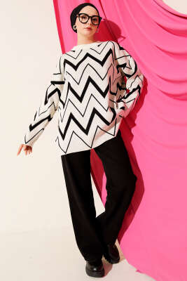 Zikzak Desenli Triko Tunik Ekru - Tunik