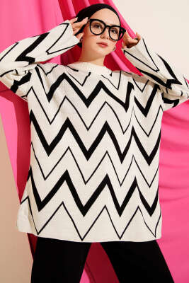 Zikzak Desenli Triko Tunik Ekru 