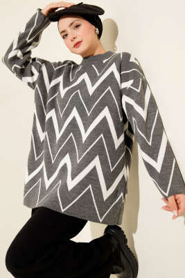 Zikzak Desenli Triko Tunik Füme - RAFİMİX