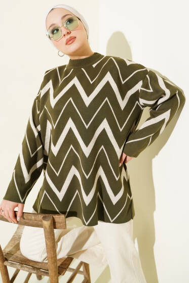 Zikzak Desenli Triko Tunik Haki - Tunik