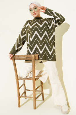 Zikzak Desenli Triko Tunik Haki - Yılın Fırsatı
