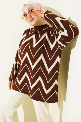 Zikzak Desenli Triko Tunik Kahve - RAFİMİX