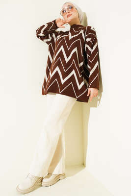Zikzak Desenli Triko Tunik Kahve - Tunik