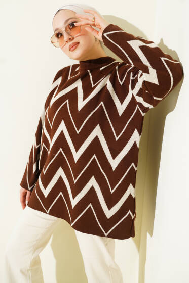 Zikzak Desenli Triko Tunik Kahve - Yılın Fırsatı