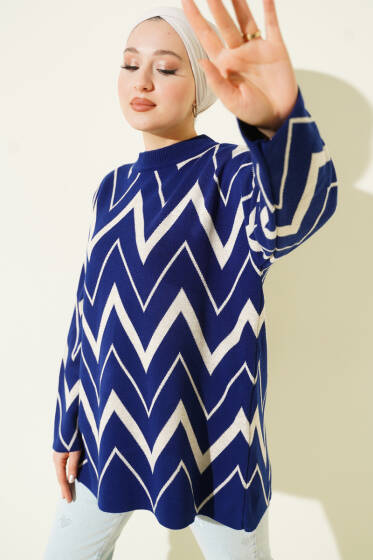 Zikzak Desenli Triko Tunik Lacivert - Tunik