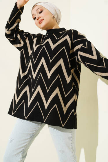 Zikzak Desenli Triko Tunik Siyah - Tunik