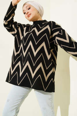 Zikzak Desenli Triko Tunik Siyah