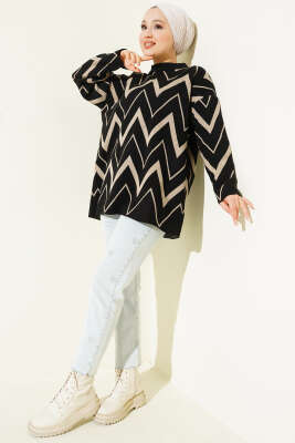 Zikzak Desenli Triko Tunik Siyah - Yılın Fırsatı