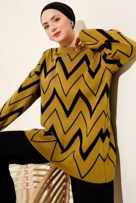 Zikzak Desenli Triko Tunik Yağ Yeşili 