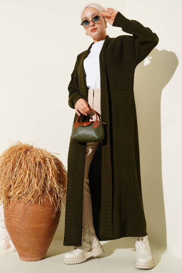 Zikzak Desenli Uzun Triko Hırka Haki - Hırka