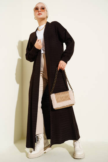 Zikzak Desenli Uzun Triko Hırka Kahve - Hırka