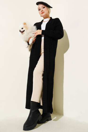 Zikzak Desenli Uzun Triko Hırka Siyah - Hırka