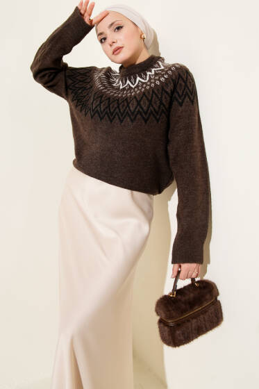 Zikzak Omuz Desenli Triko Kazak Kahve - Triko Kazak