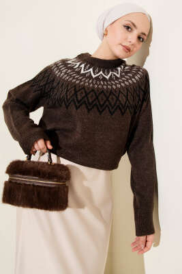 Zikzak Omuz Desenli Triko Kazak Kahve - Triko Kazak