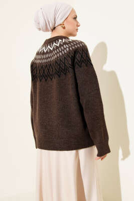 Zikzak Omuz Desenli Triko Kazak Kahve - Triko Kazak