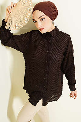 Zikzak Püsküllü Salaş Gömlek Acı Kahve 