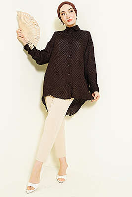 Zikzak Püsküllü Salaş Gömlek Acı Kahve - Gömlek