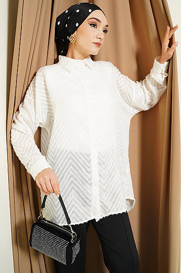 Zikzak Püsküllü Salaş Gömlek Ekru - Gömlek