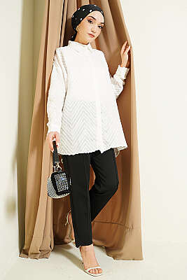 Zikzak Püsküllü Salaş Gömlek Ekru - Gömlek